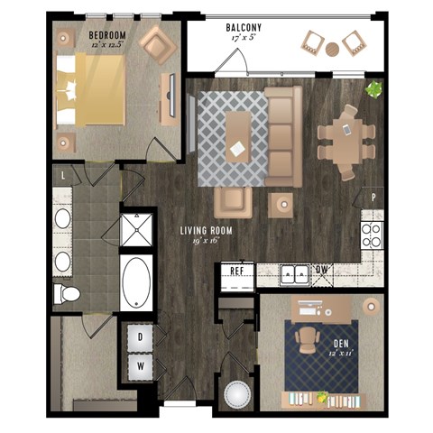 A floor plan of a house with a bedroom, living room, and balcony.